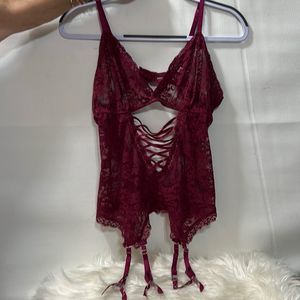 Donalla Sexy Lace Bodysuit Teddy with Garters (No Panty Included) Size Medium